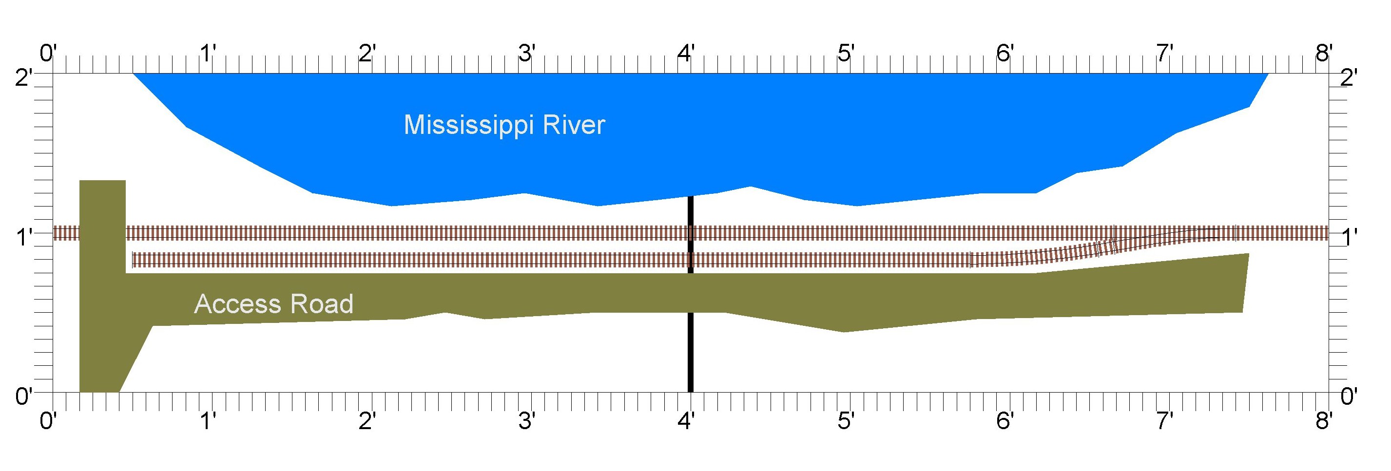 The proposed track plan showing the access road, grade crossing, and water feature.